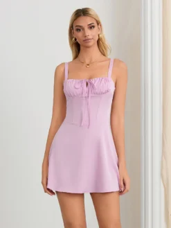 Women Summer Sling Dress Solid Color Sleeveless Tie-Up Corset Fishbone A-line Dress French Retro Sexy Elegant Dresses