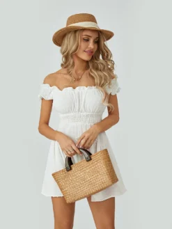 Women Summer Short Dress Solid Color Ruched Boat Neck Off Shoulder Puff Sleeve A-line Dress Casual Bohemian Dresses