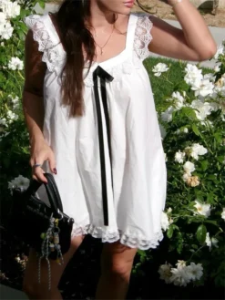 Women Mini Dress Lace Trim Fly Sleeve Bowknot Embellished Short Dress Summer Fashion Casual Dress