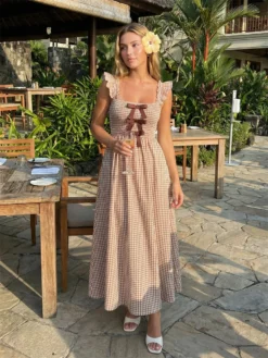 Women's Plaid Dress Retro Stylish Bow Smocked Ruffled Trim Flying Sleeve Long A-Line Dress 2026 Summer