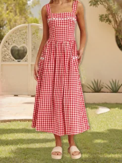 Women's Plaid Long Cami Dress Summer Sleeveless Open Back A-line Dress with 2 Pockets Beach Holiday Sundress