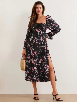 Women Autumn Long Dress Puff Long Sleeve Square Neck Tie-up Slit Pleated Dress Dress Vintage Floral Casual Party Dresses
