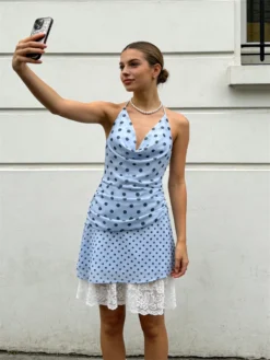 Women's Dots Printed Mini Dress Summer Cowl Neck Halter Backless Sleeveless Ruffle Hem Dresses Summer Streetwear