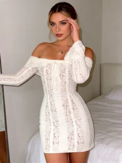 Women Lace Flower Mini Dress Flare Long Sleeve Off Shoulder Bodycon Short Dress for Holiday Daily Club Sexy Dresses