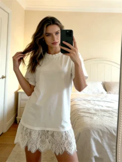 2026 Summer Women's T-shirt Dress Short Sleeve Round Neck Loose Fit Lace Trim Short Dress for Casual Daily Wear