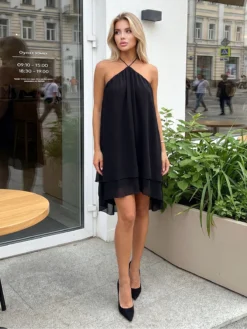 Women Dots Print Mini Dress Backless Halter Sleeveless Loose Mesh Flowy Dress Summer Bohemian Party Beach Casual Streetwear