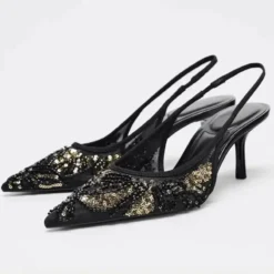 Fashion Mesh String Bead Embellished Design Heels Women Elegant Pointed Toe Back Strap Slide Sandals Black Party Dress Shoes