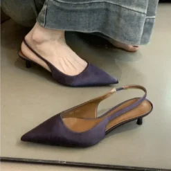 Elegant Purple Satin Low Heel Women Pumps Sexy Pointed Toe High Heels for Women Hollow Back Strap Mules Fashion Party Dress Shoe