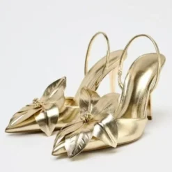 Golden Flower Decoration High Heels for Ladies Sexy Pointy Toe Slingback Heeled Sandals Elegant Party Dress Shoes Designer Pumps