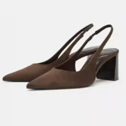 Fashion Brown Faux Suede Chunky Pumps Women Sexy Pointed Toe Slingback High Heels for Ladies Summer Elegant Banquet Office Shoes