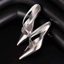 Elegant Leather Muels Sandals Women Sexy Pointy Toe Cross Strap Design Slide Sandals Luxury Party Dress Heels Sandalias De Mujer
