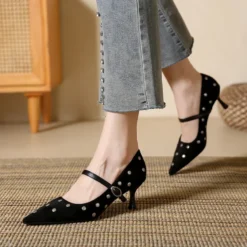 Rivet Designer High Heels Women Pointed Toe Elegant Office Women Shoes Spring Autumn Fashion Suede Low Heel Mules Pumps Women
