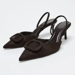 Designer Shoes Coffee Faux Suede Heeled Sandals Women Fashion Pointy Toe Slingbacks High Heels Elegant Office Shoes Mules Pumps