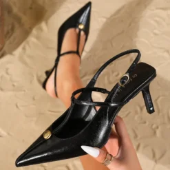 Elegant T Strap Thin Heel Pumps Women Fashion Metal Decoration Designer Shoes Sexy Pointed Toe Party Dress Shoes Zapatos Mujer