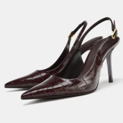 Sexy Pointed Toe Embossed Top Leather Thin High Heels for Ladies Summer Slingback Designer Pumps Women Elegant Party Office Shoe