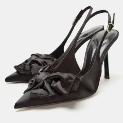 Coffee Satin Thin High Heels for Ladies Sexy Pointed Toe Butterfly Knot Decoration Women Pumps Elegant Slingback Heeled Sandals