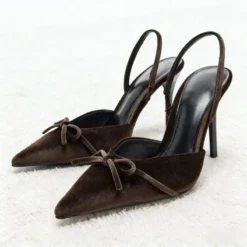 Coffee Velvet Butterfly Knot Decoration Women Pumps Sexy Pointed Toe Slingbacks High Heels for Ladies Elegant Party Dress Shoes