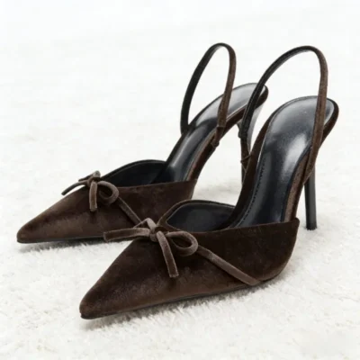 Coffee Velvet Butterfly Knot Decoration Women Pumps Sexy Pointed Toe Slingbacks High Heels for Ladies Elegant Party Dress Shoes