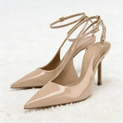 Nude Patent Leather Ankle Strap Buckle Women Pumps Sexy Pointed Toe Stiletto Heels Summer Stiletto Heels Party Shoes Sandalias