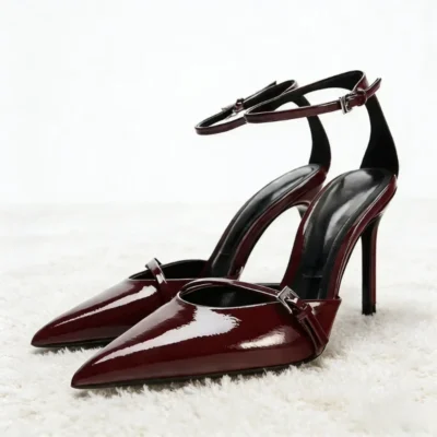 Sexy Ankle Strap Thin High Heels Women Summer Patent Leather Luxury Banquet Wedding Shoe Elegant Pointed Toe High Heeled Sandals